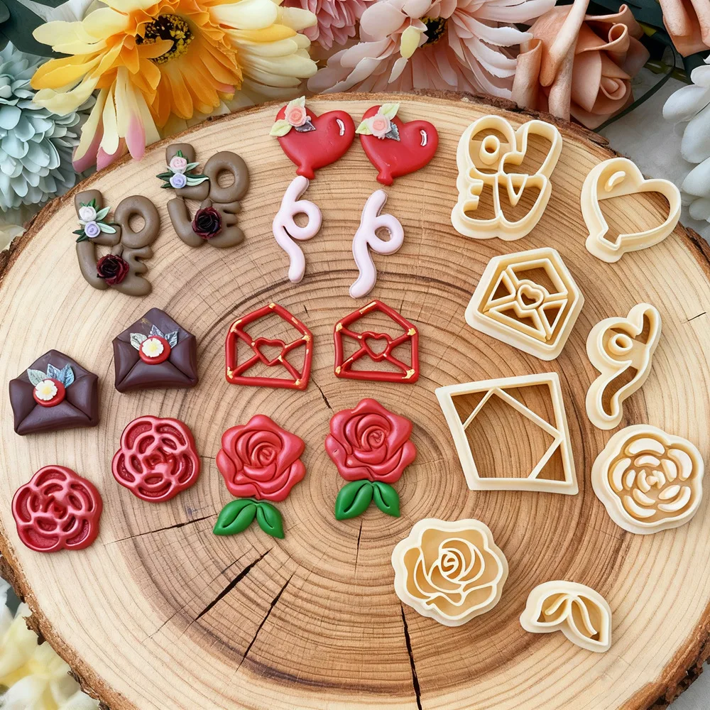Valentine\'s Days Rose Flower Polymer Clay Cutters Love Envelope Balloon Pottery Clay DIY Earring Embossing Jewelry Cutter Tools