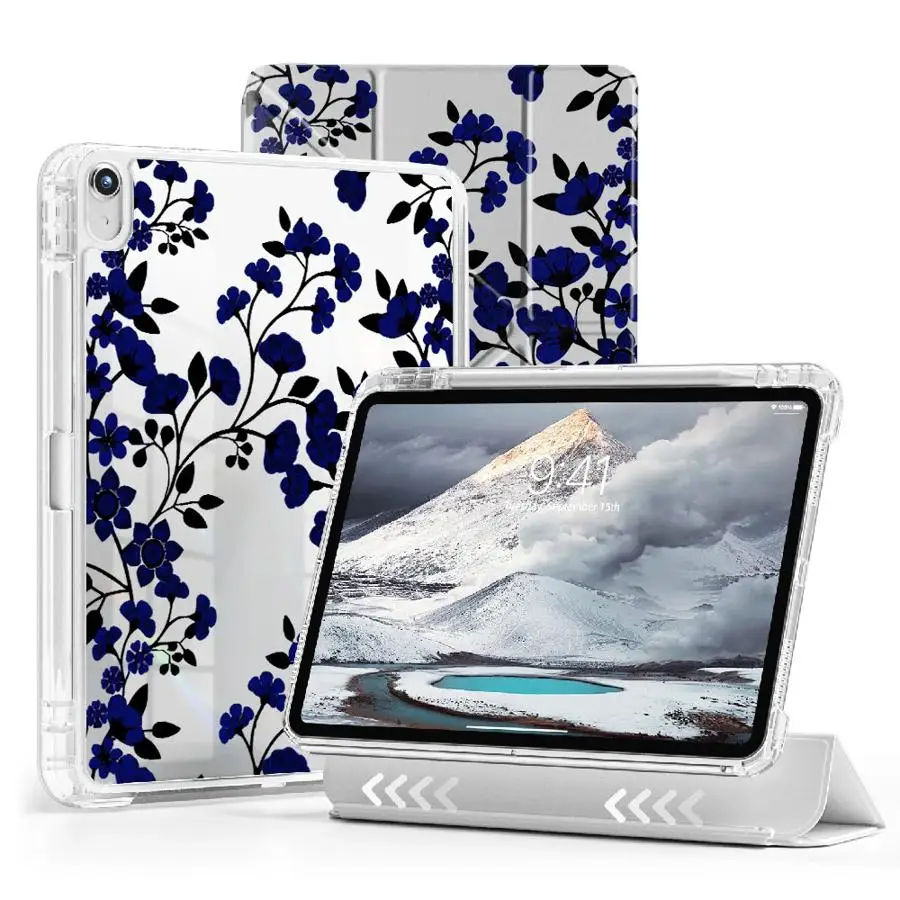 Creative Black Blue Flowers Holder Cover Tablet Case For iPad Mini 6 7 11th 10th 9th 8th 7th 12.9inch Pro 2025 Air 4 5 M3 M2 M4