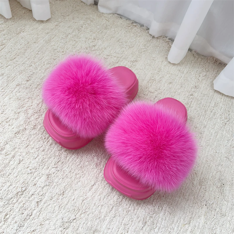 PVC Real Raccoon Fur Slides para mulheres e meninas, chinelos de pele de pelúcia marrom tamanho grande, luxo