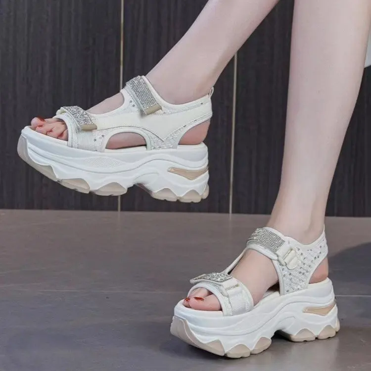 

Women's Soft Leather Thi Heel Sandals Summer Outdoor Wear 2026 New Sle Rhinestone Platform Heightening Casual Dad Sports ...