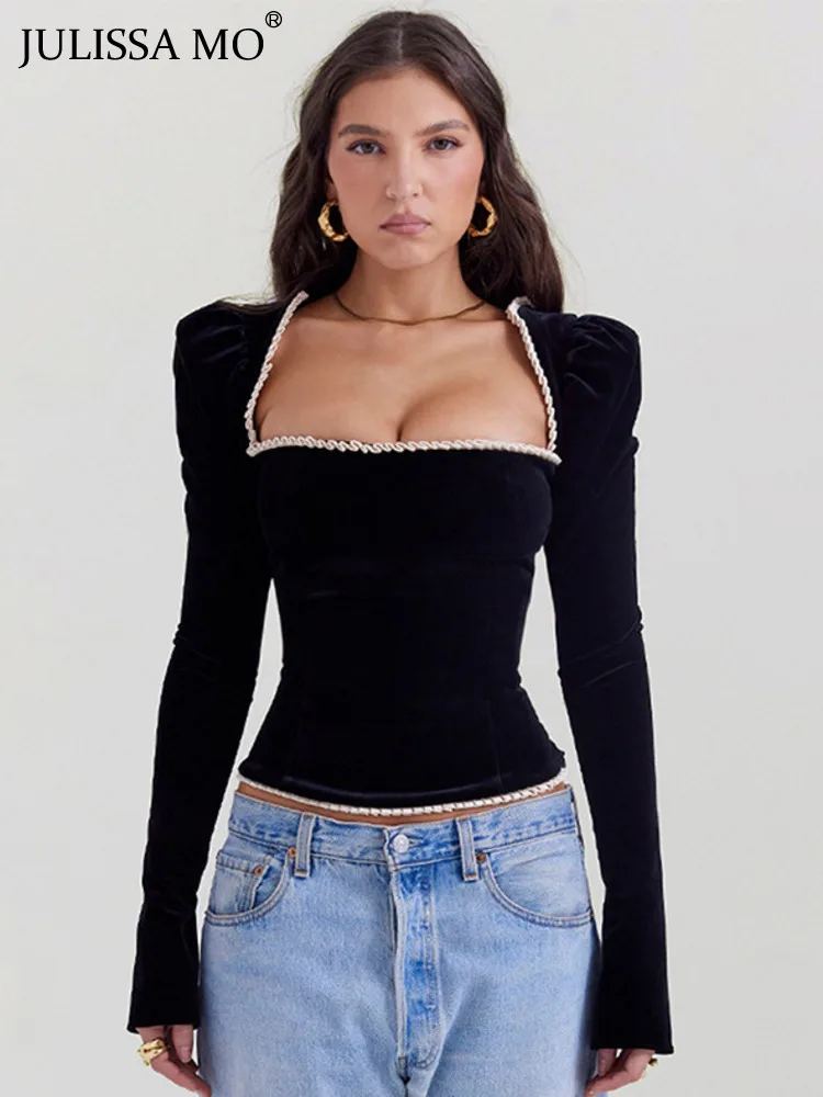 JULISSA MO Elegant Women\'s Square Neck Lace-up Backless Long Sleeve Black T-shirt Top Skinny Luxury Vest 2023 Fashion Crop Top