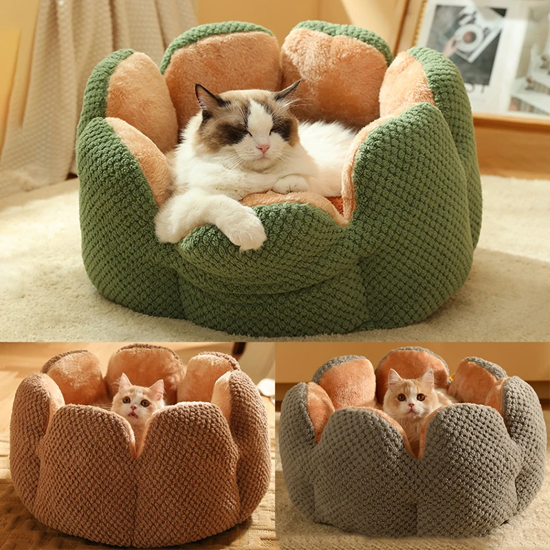 Luxury Comfortable Cactus Petal Cat Bed Anti-slip Washable Warm Fleece Indoor Sleeping Soft Round Pet House Beds and Furniture