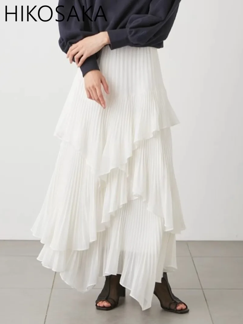 

Irregular Ruffles Patchwork Pleated Long Skirts Women High Wasit A-line Slim Jupe 2024 Spring Summer Japan Style Chic Faldas