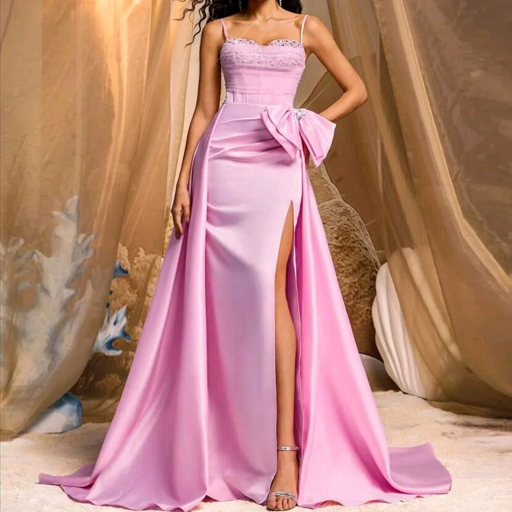 

Customized Mermaid Evening Dresses Floor-length Spaghetti Strap Sleeveless Prom Gown Fashion Crystal Bow Sequined Party Gown