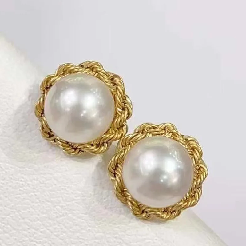 New hot selling strong luster flawless quality 18k gold inlaid 7-8mm aurora freshwater pearl stud earrings female wholesale