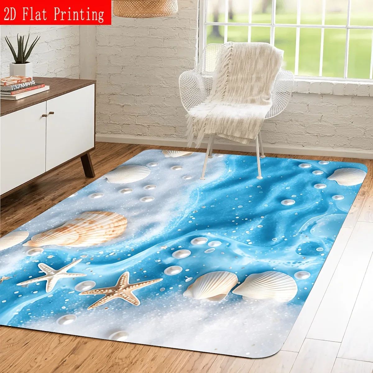 1pc 2D Pattern Blue and White Sandy Beach Pearl Shells and Starfish Printing Floor Mat for Living Room, Home Decor Rug, Kitche