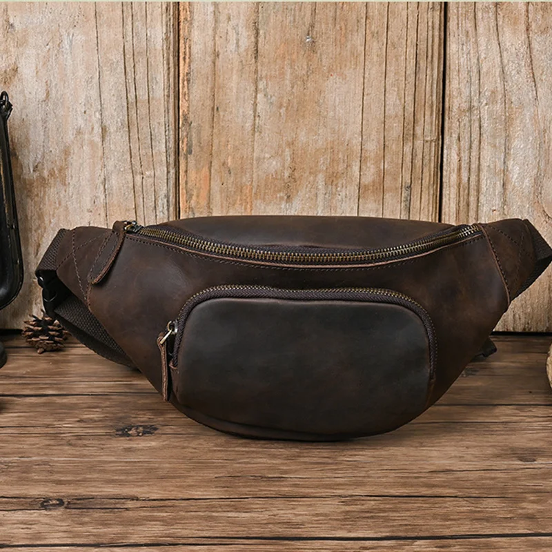 

Men Genuine Leather Waist Pack Fanny Belt Bag Purse Travel Retro Crazy Horse Cowhide Male Sling Cross body Chest Hip Bum Bags