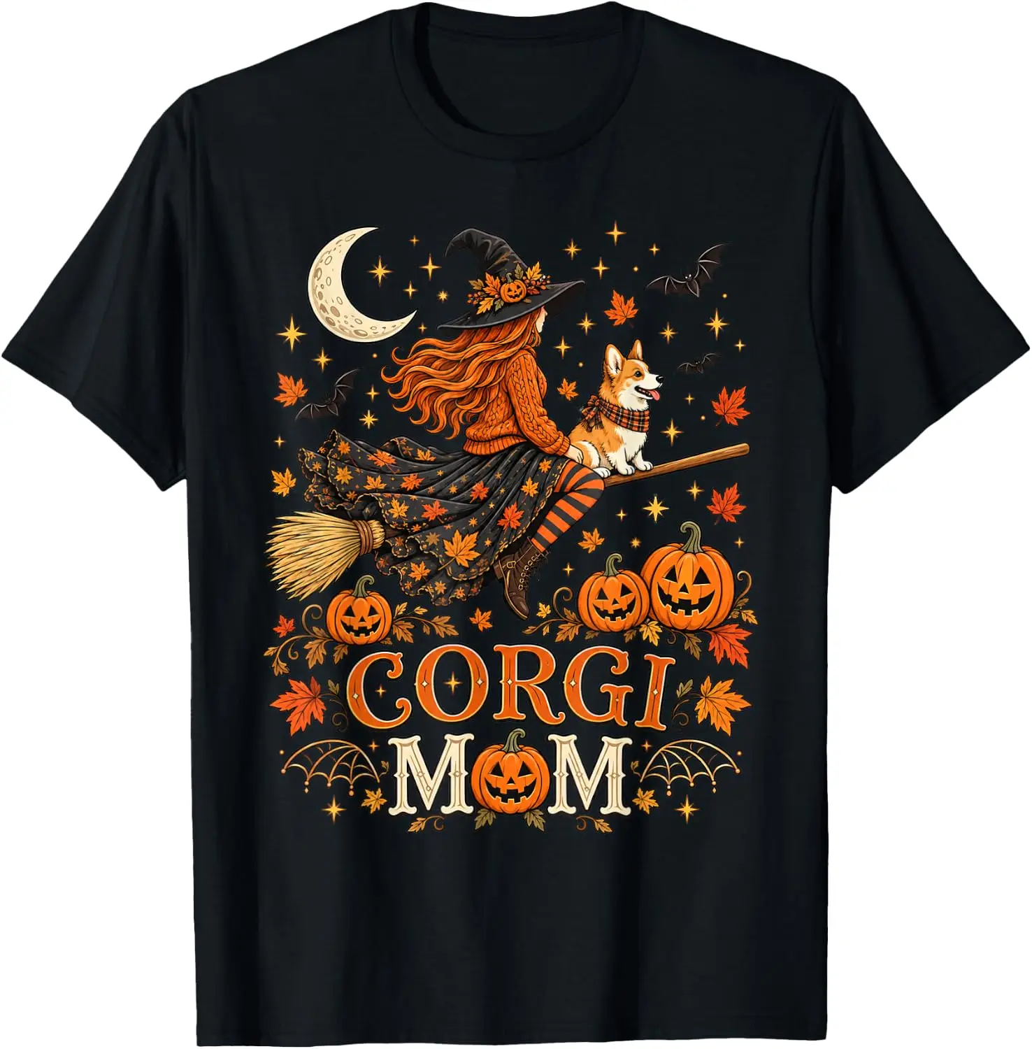 Halloween Fall Corgi Mom Witch And Dog Riding Broomstick T-Shirt Men Casual Graphic Print T‑Shirt Crew Neck Short Sleeve Vintage Street Style Soft Fabric Daily Wear Tops.Holiday Festive,Party Wear,Theme Print Tee.