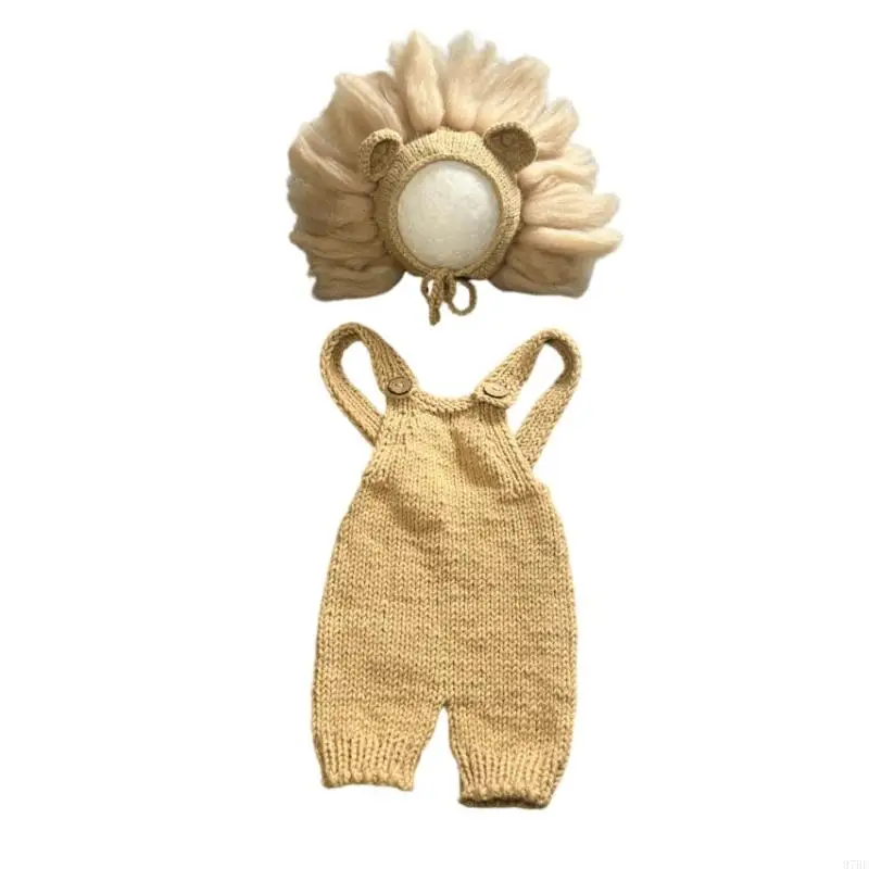 

97BE Newborns Portrait Overalls Pants Cotton Polyester Blended Lions Hat