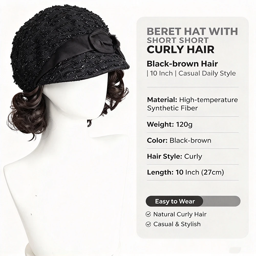 vintage elegant wool small hat Synthetic integrated Hat wig Autumn And Winter fisherman's hat Warm hat wig for women daily wear