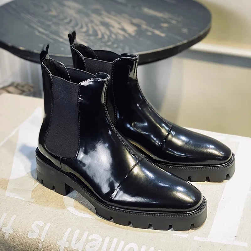 

2024 winter Plain Pure Black Chelsea Boots Square Head Height Thick Sole Height Cowhide Short Boots Shoes for Men