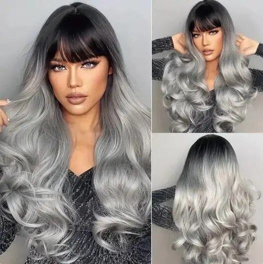 

Classic Style Long Synthetic Wigs Ombre Black to Grey Curly Wavy Wig Hairs with Bangs for Ladies and Girls Daily Use Party