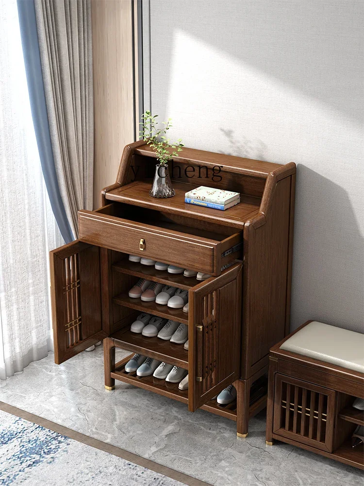 TQH Solid Wood Entry Door Shoe Cabinet Walnut Home Doorway Large Capacity Storage Rack