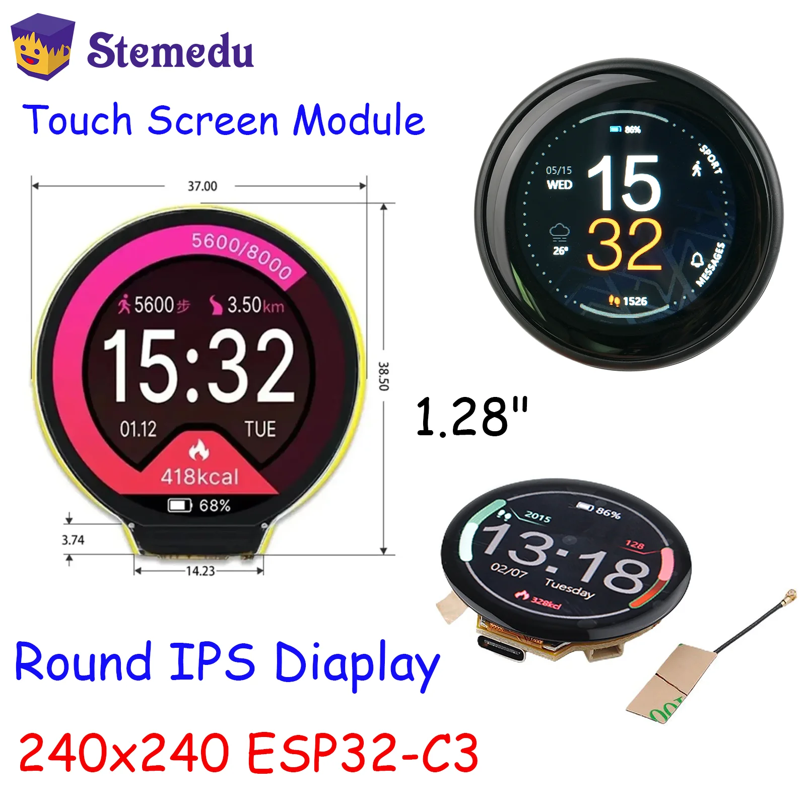 

1,28-дюймовый круглый IPS-дисплей 240x240 ESP32-C3 GC9A01 Модуль сенсорного экрана для умных часов IoT Носимые проекты