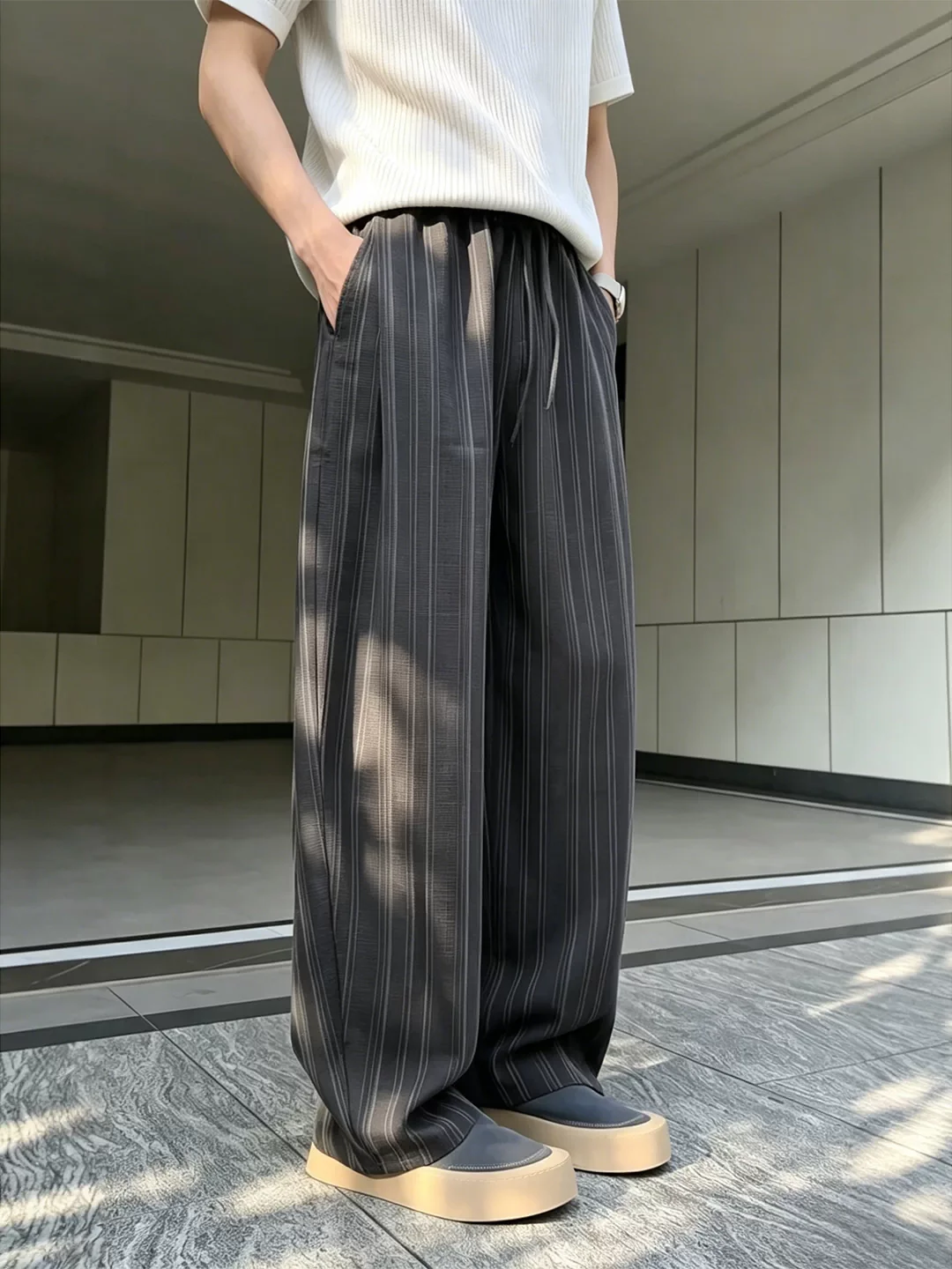 

Black Cool Stripe Knife West Pants Men Summer Thin Old Money Style Pants Drapey High-End Straight Casual Pants Loose Waistband