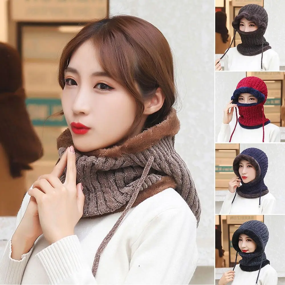 

Fashion Elastic Plush Beanies Cap Windproof Thickened Knitted Woolen Hat Keep Warm Drawstring Hat Scarf Set for Woman