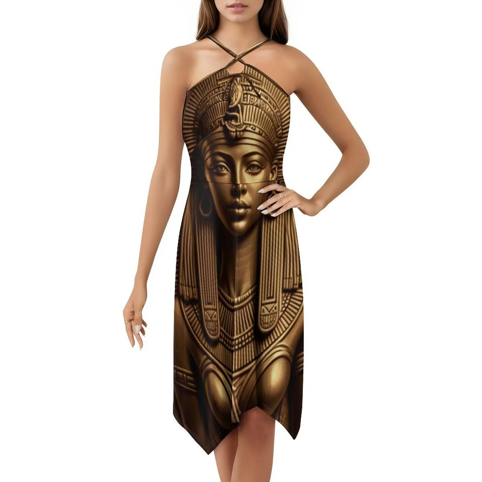 الكاهنة المصرية في الذهب. فستان بوهيمي عتيق بأكمام منتفخة أو خيارات بدون أكمام للنساء فستان مجمد مصري #5