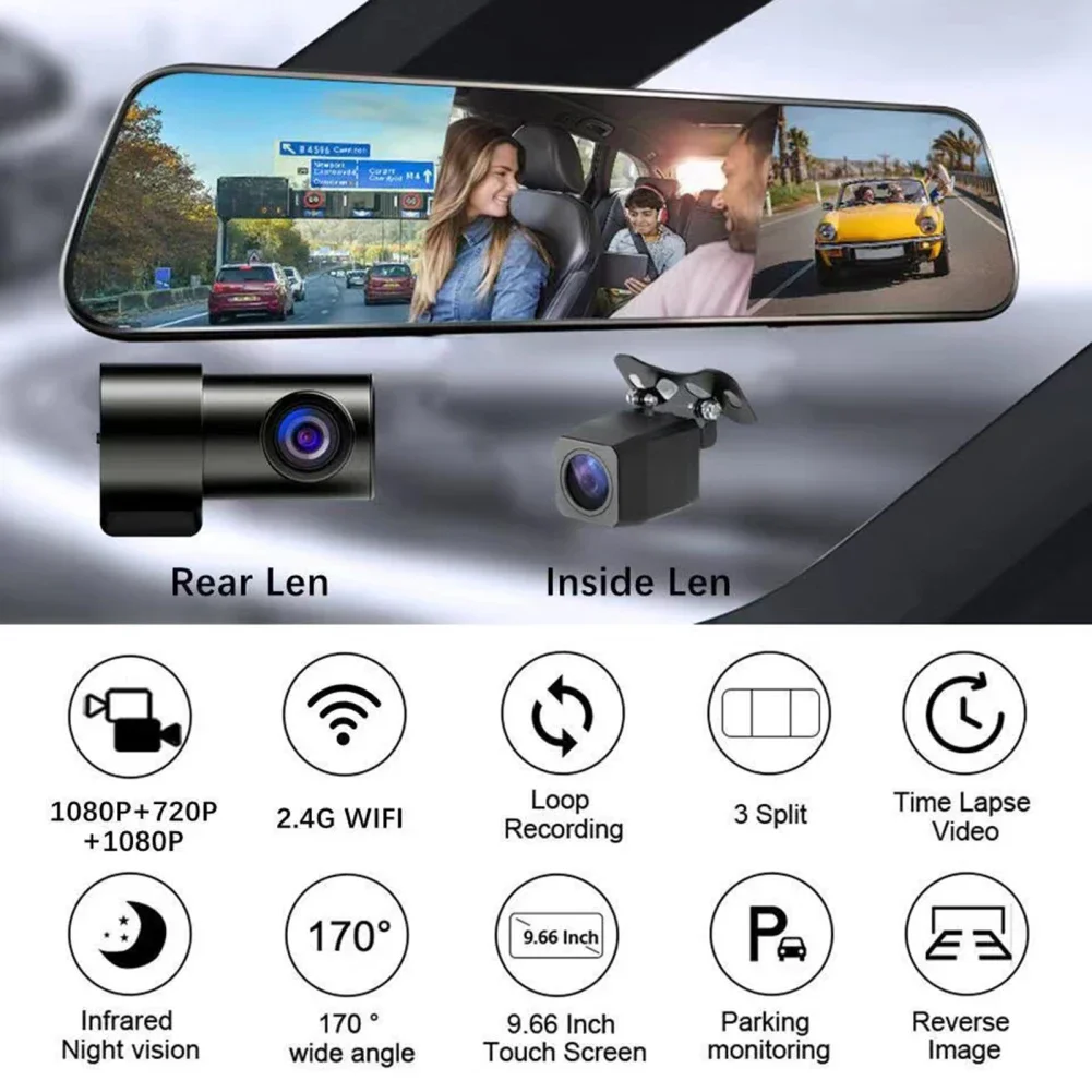 Car Mirror Black Box Carbin Camera Mirrir Dash Cam 3 Channel Mirror DVR 1080P HD Touch Screen Mirror Video Recorder