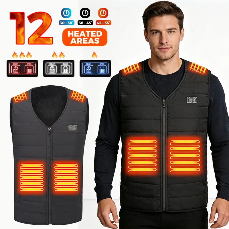 12 Heating Areas Electric Heated Vest Unisex V Neck Design USB Charging Thermal Waistcoat Fast Heating for Fishing Riding Skiing