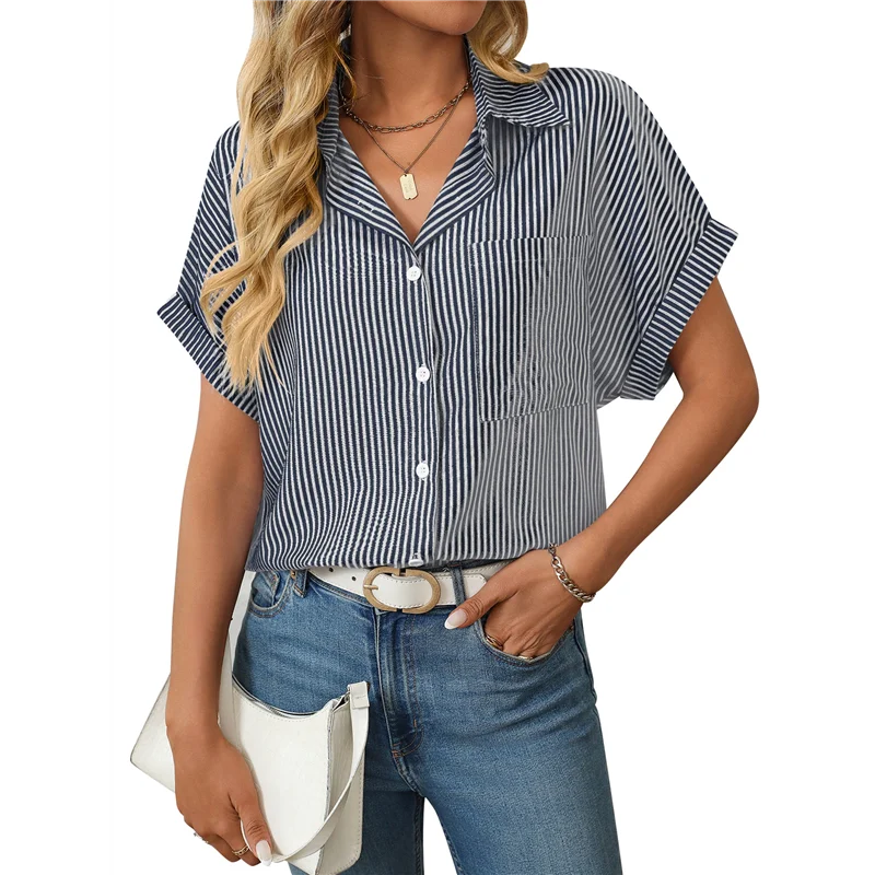 

Women's Loose Short Sleeve Pocket Casual Striped Shirt-A55G