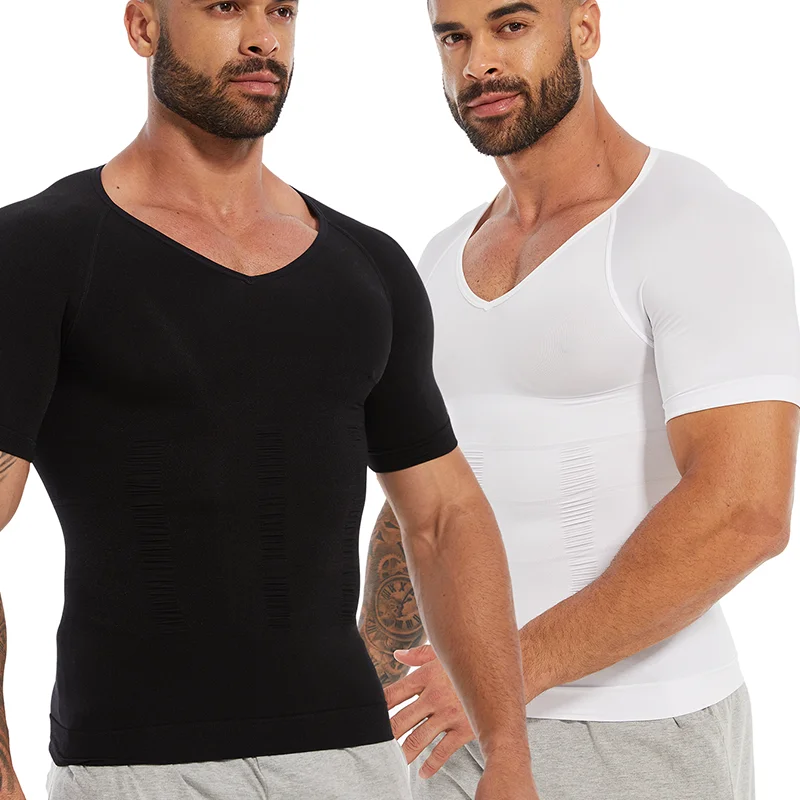Męska koszulka kompresyjna V Neck z krótkim rękawem Top wyszczuplający brzuch gorset modelujący talię bielizna modelująca koszulka wyszczuplająca obcisła oddychająca Fitness