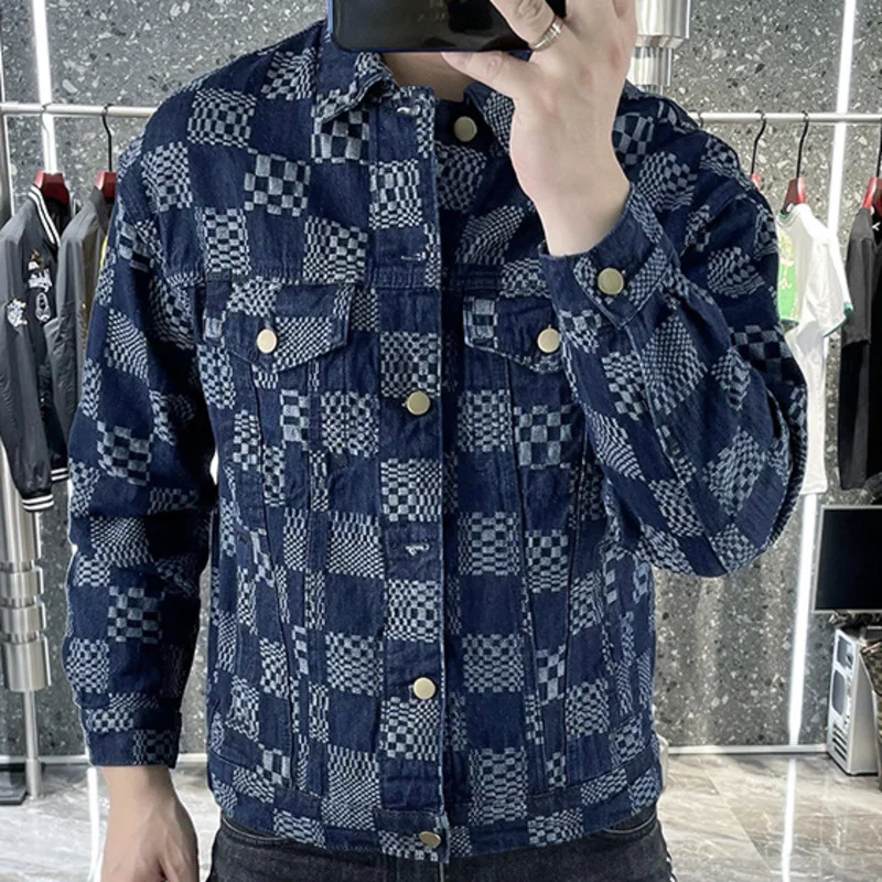 Blue Checkerboard Jacket For Men Fall Retro Trend Lapel Denim Jacket Ripped Button Jean Jacket Outfit Coat Men Streetwear Jacket