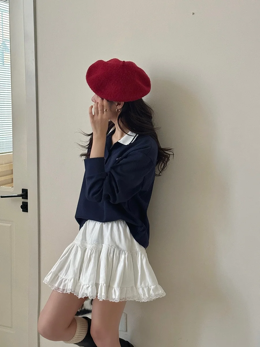 

Белая юбка А-силуэта с кружевной отделкой, женская, осенняя, в корейском стиле, милая, с завышенной талией, плиссированная, многослойная, для повседневной носки