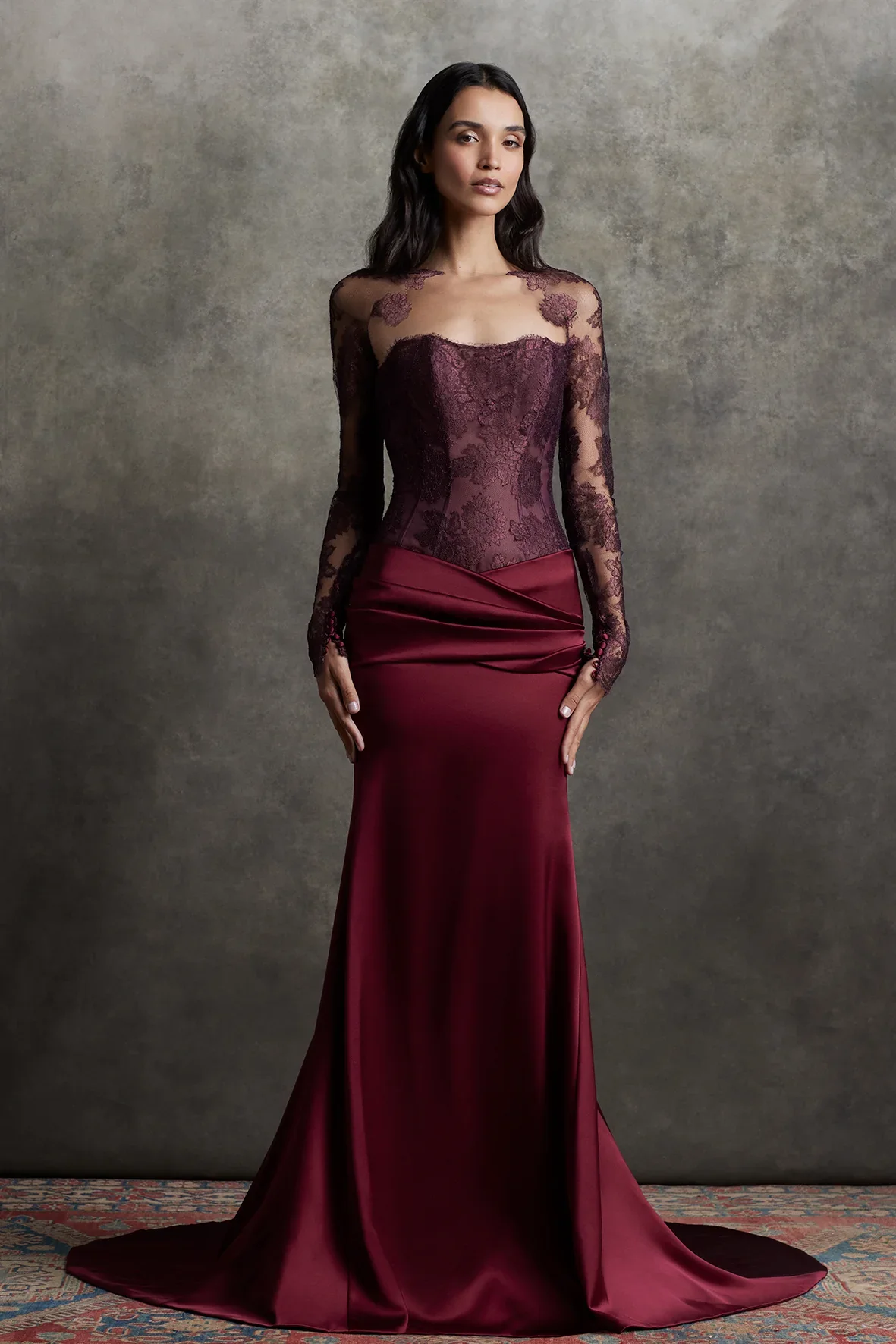 Benutzerdefinierte Spitze langärmeliges Meerjungfrau-Abendkleid trägerloses elegantes bodenwischendes Ballkleid Cocktailpartykleid