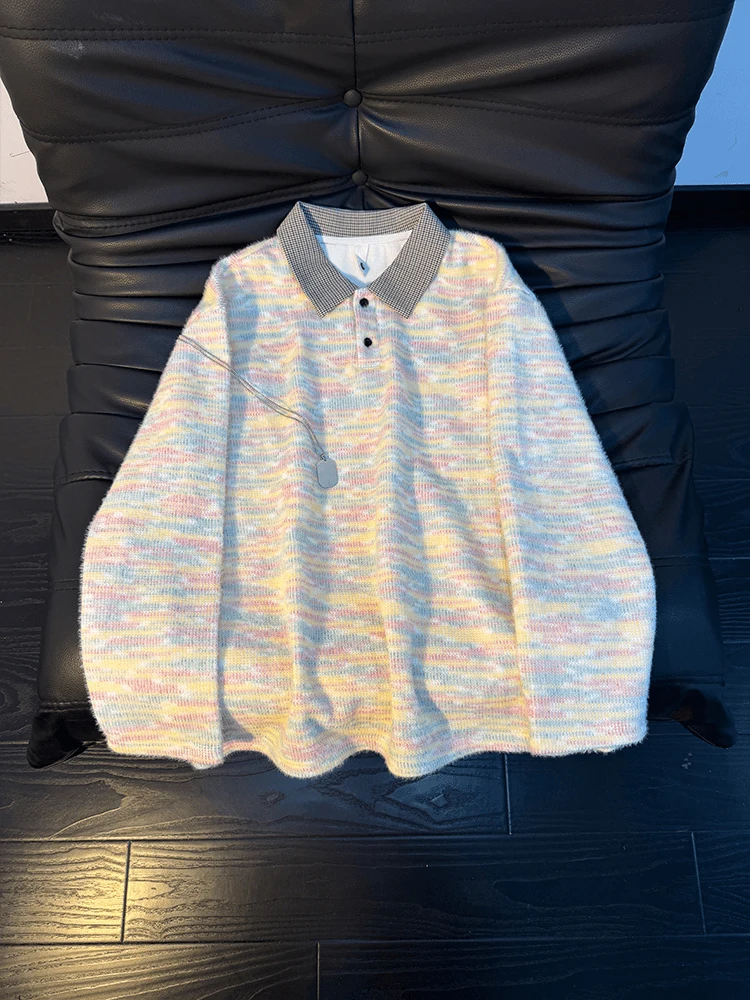 

Color Blo Plaid Collared Sweatirt Men's Knitted Long Sve irt Spring Faionable Comfortable Stand Fit T-irt