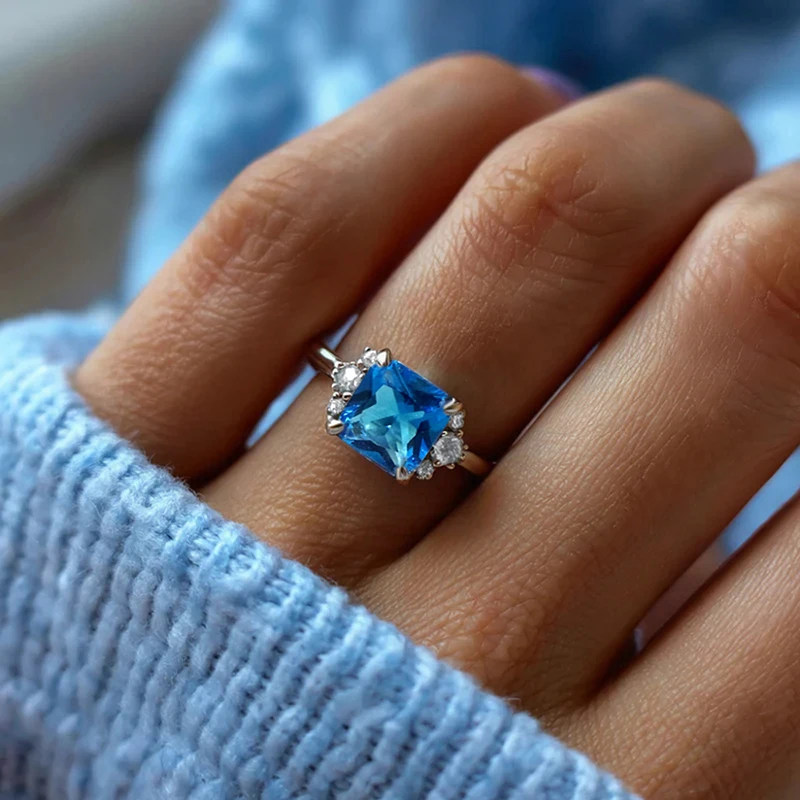 Huitan Eleganter Damenring für Hochzeit, Verlobung, luxuriös, mit hellblauem CZ-Stein, Party-Accessoires, zarter Damenschmuck, Geschenk – Detail 30