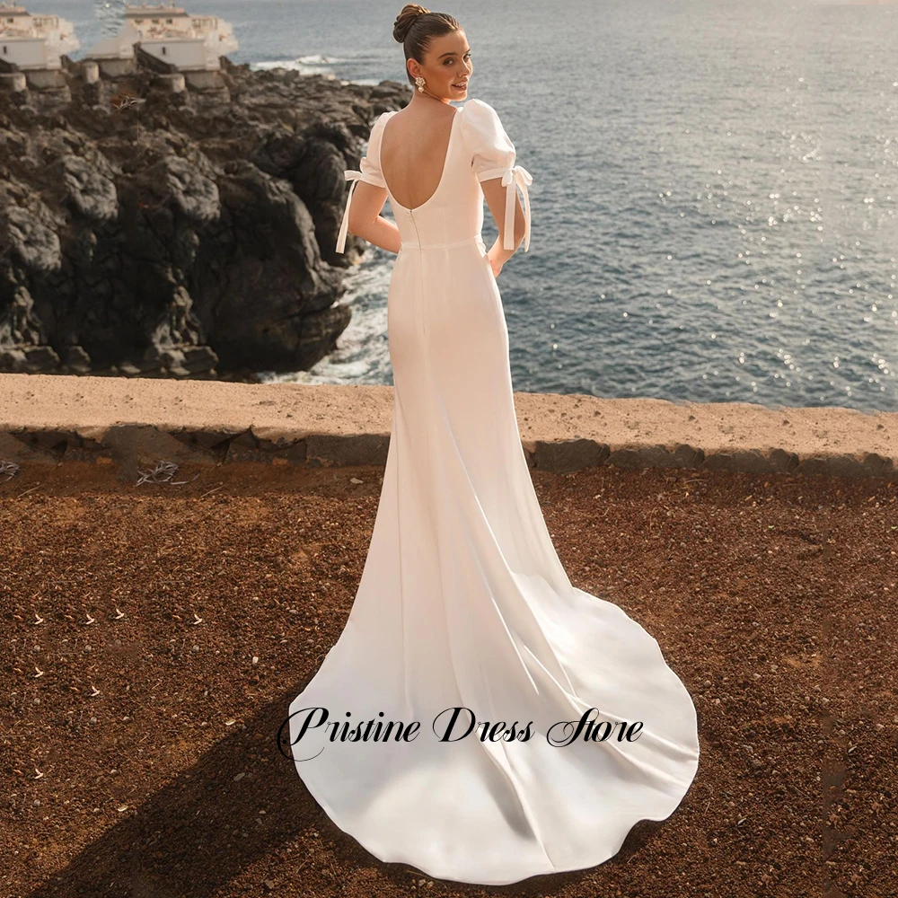 Modest Women Jersey Front Slit Mermaid Wedding Dress Customized Court Train Deep V-Neck Short Sleeves with Bow Bridal Gowns
