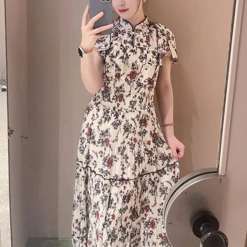 

Wakuta Flying Sleeves Lace Up High Waist Robe Elegant Strench Craped Slim Fit Vestidos Summer Japan Style Floral Print Dress