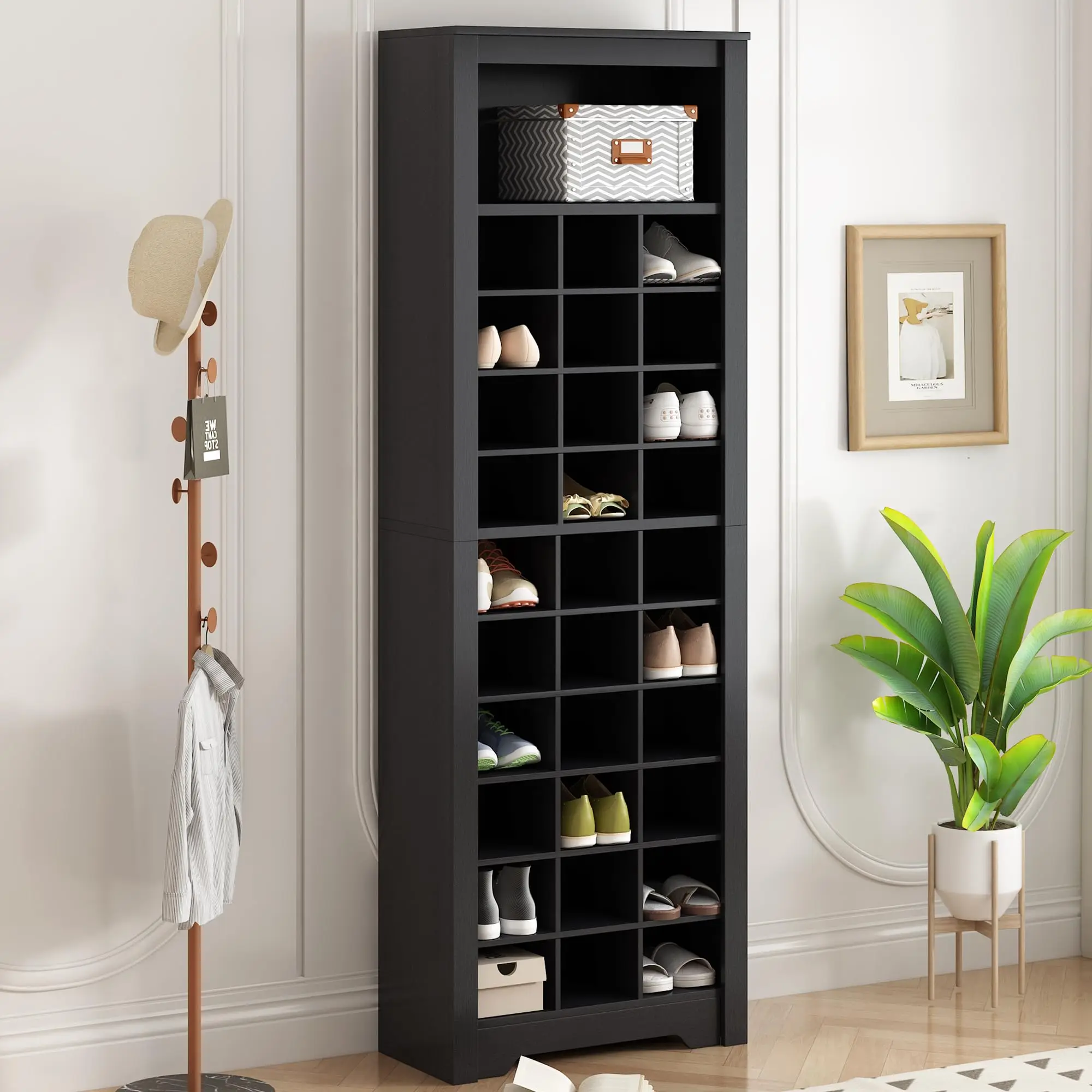 Stylish Wooden High Shoe Cabinet,Free Standing,Shoe Organizer with 30 Storage Capacity, Tall Shoe Rack for Hallway