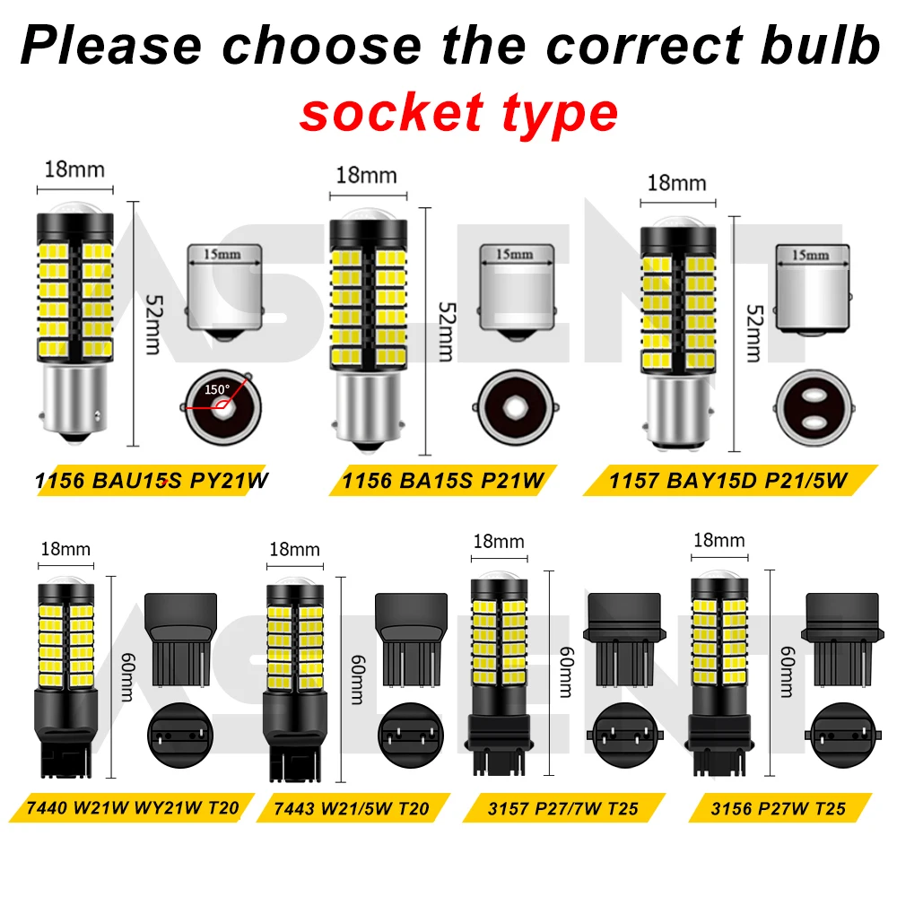 1x 1156 P21W LED BA15S PY21W BAU15S Bulb 12V 2835 78SMD T20 7443 7440 3157 1157 BAY15D P21/5W LED for Reverse Brake Light 12V