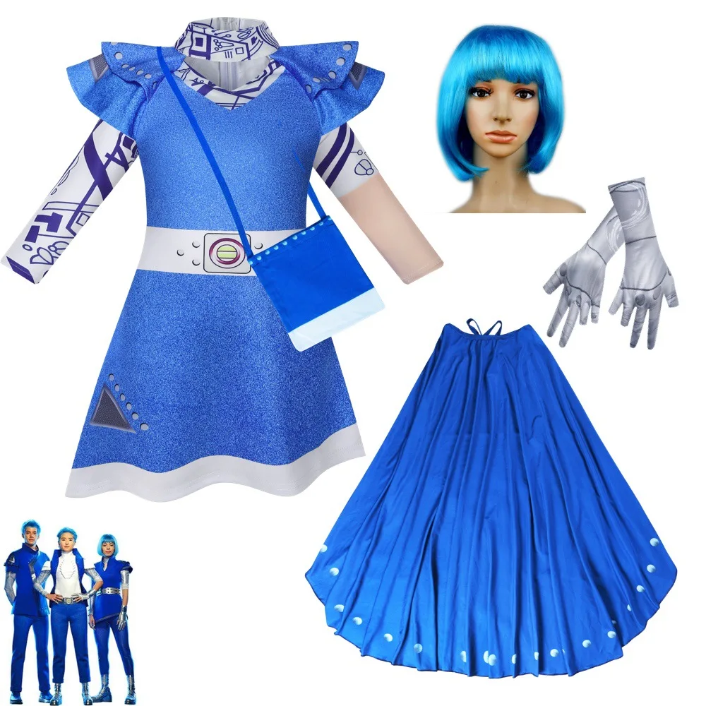 New Kids Halloween Costumes Zombies 3 Girls Cheerleader Princess dress Cosplay Carnival Clothes Fancy Outfits+Wig bag Cloak sets