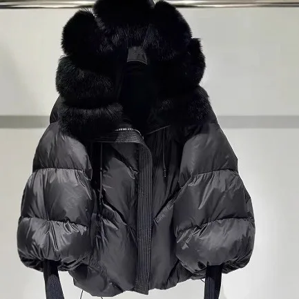 Moda americana elegante gola de pele de raposa com capuz casacos soltos casuais engrossado quente curto jaqueta feminina inverno outerwear casaco