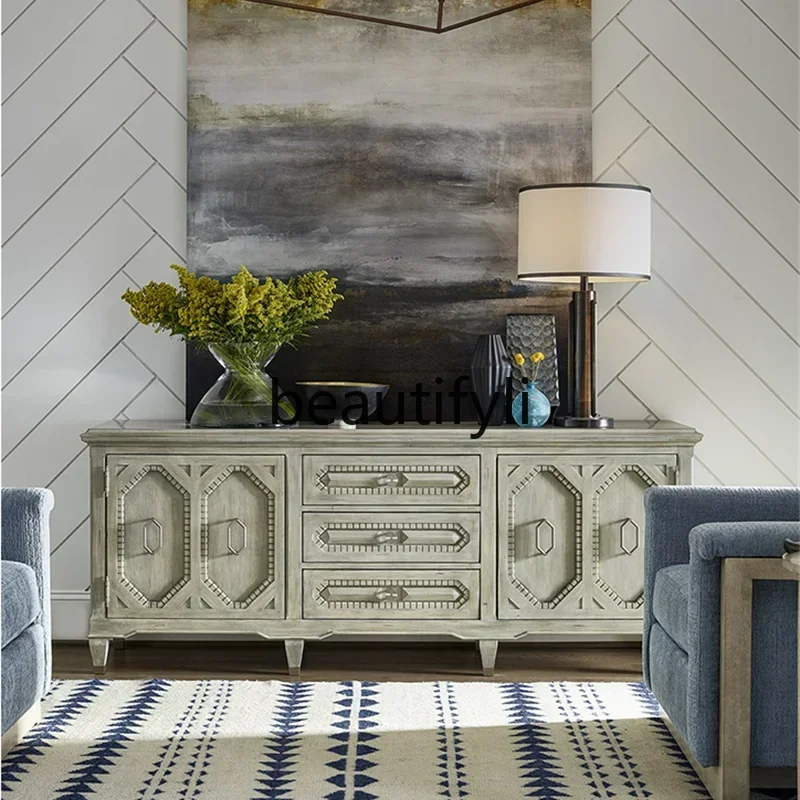 G American rural retro solid wood carved TV cabinet, living room TV cabinet, European French side cabinet