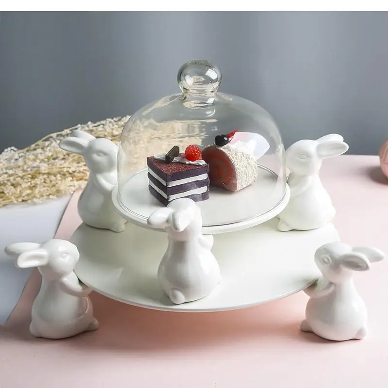 Ceramic Plate Cake Stand Dessert Cute Bunny Transparent Glass Cover Decorated for Wedding Lay Out