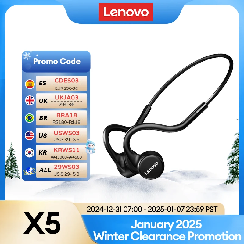 

Lenovo X5 Bone Conduction Headphones Wireless Bluetooth V5.0 Earphones IPX8 Waterproof Sport Built in 8GB Memory Headset