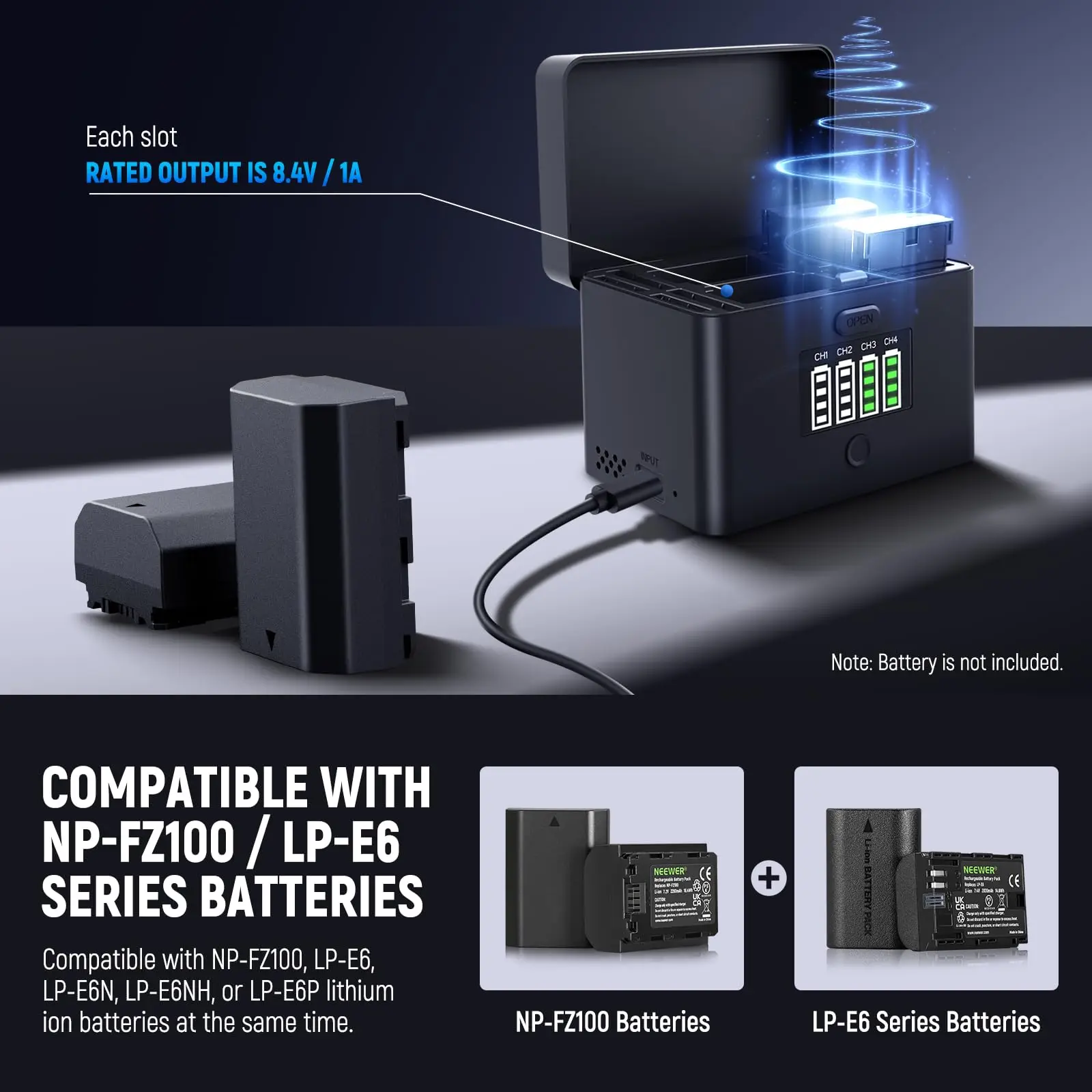 NEEWER 2 in 1 Four Channel USB Battery Charger for NP-FZ100 & LP-E6 Sony A6700 A7III FX3 FX30 A7IV Canon EOS R5 II