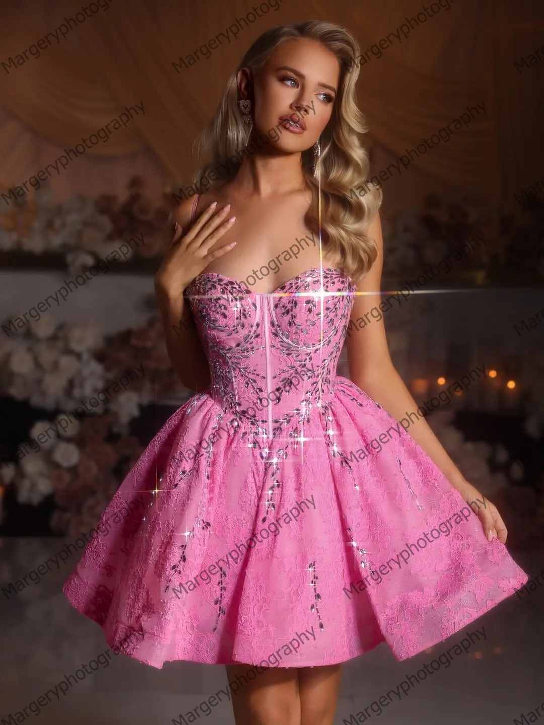 Pretty Strapless Lace Short Prom Dress with Sequins and Beading for Women's Formal Party Gowns Puffy Evening Prom Gowns