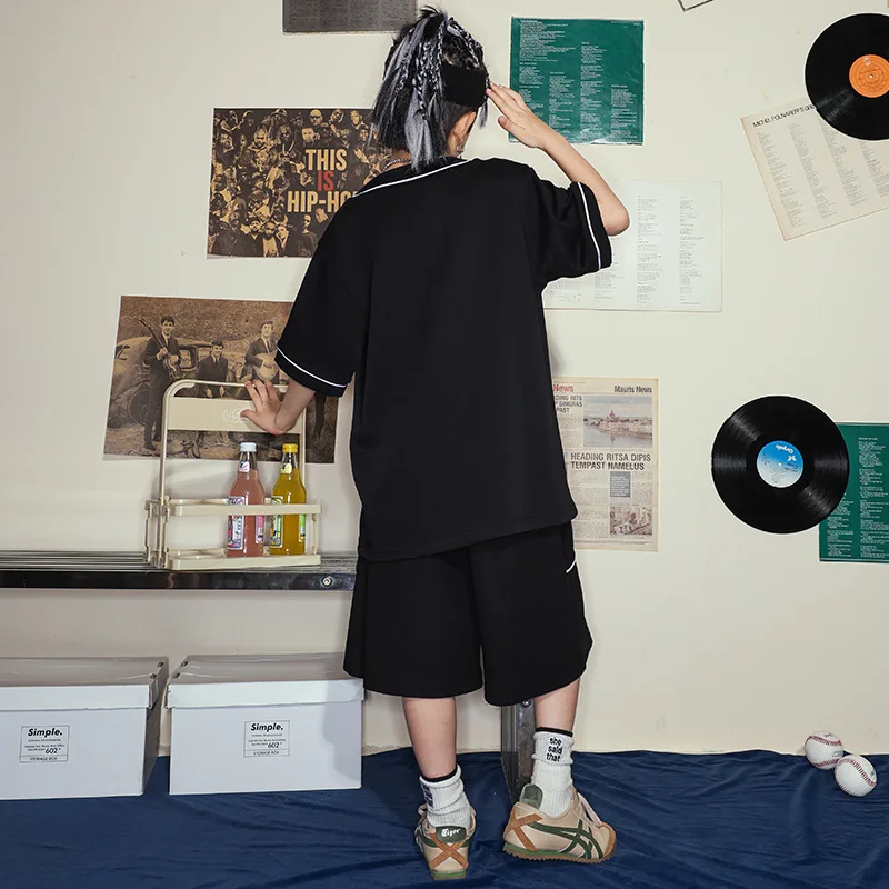 Nova dança de rua crianças jazz hip-hop preto roupas de beisebol para meninos hip-hop desempenho traje para meninas