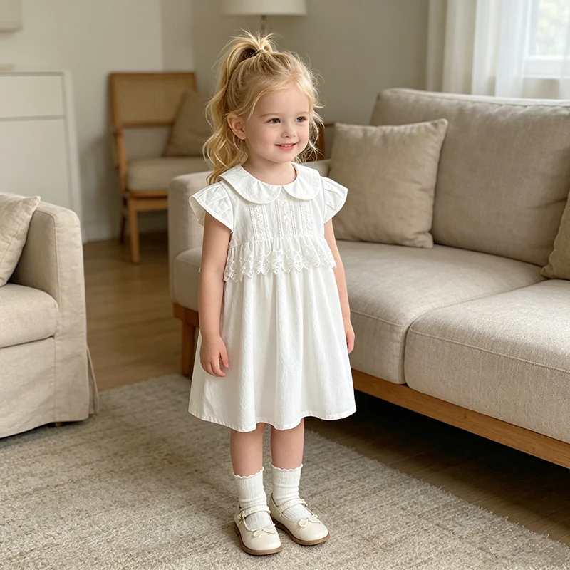 2026 Summer New Baby Girls 2-6Yrs One Piece Dress Sleeveless Girls White Dress Princess Stylish Children Clothing