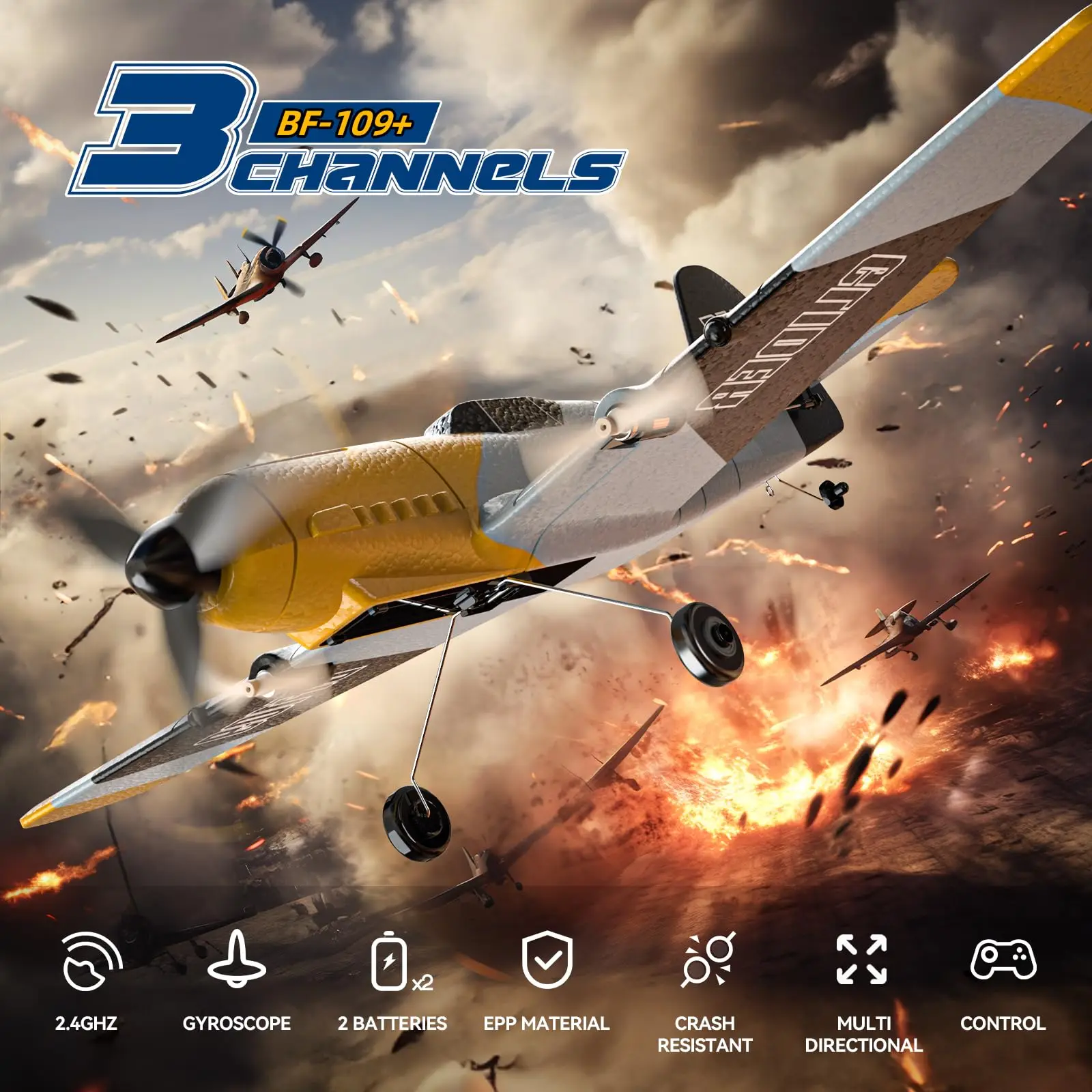 DEERC RC Plane BF-109, 3 canales, 2,4 GHz, giroscopio de 6 ejes, planeador RTF, 2 baterías, Easy Fly para adultos, niños, principiantes