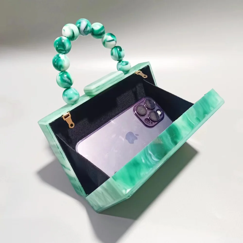 New Pearl White Nude Acrylic Bead Chain Handle Box Clutches 2023 Women Shoulder Purse Wedding Dress Evening Handbag Wallets