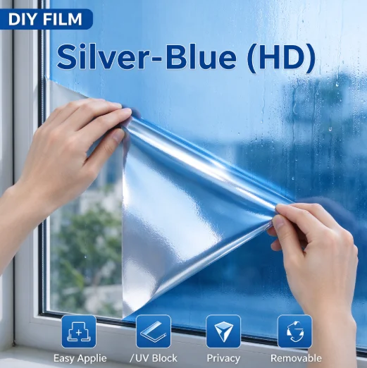 Silver Blue HD PET Privacy Glass Tint Roll One Way Vision Heat Insulation Anti UV DIY Install For Home Office Building Glass