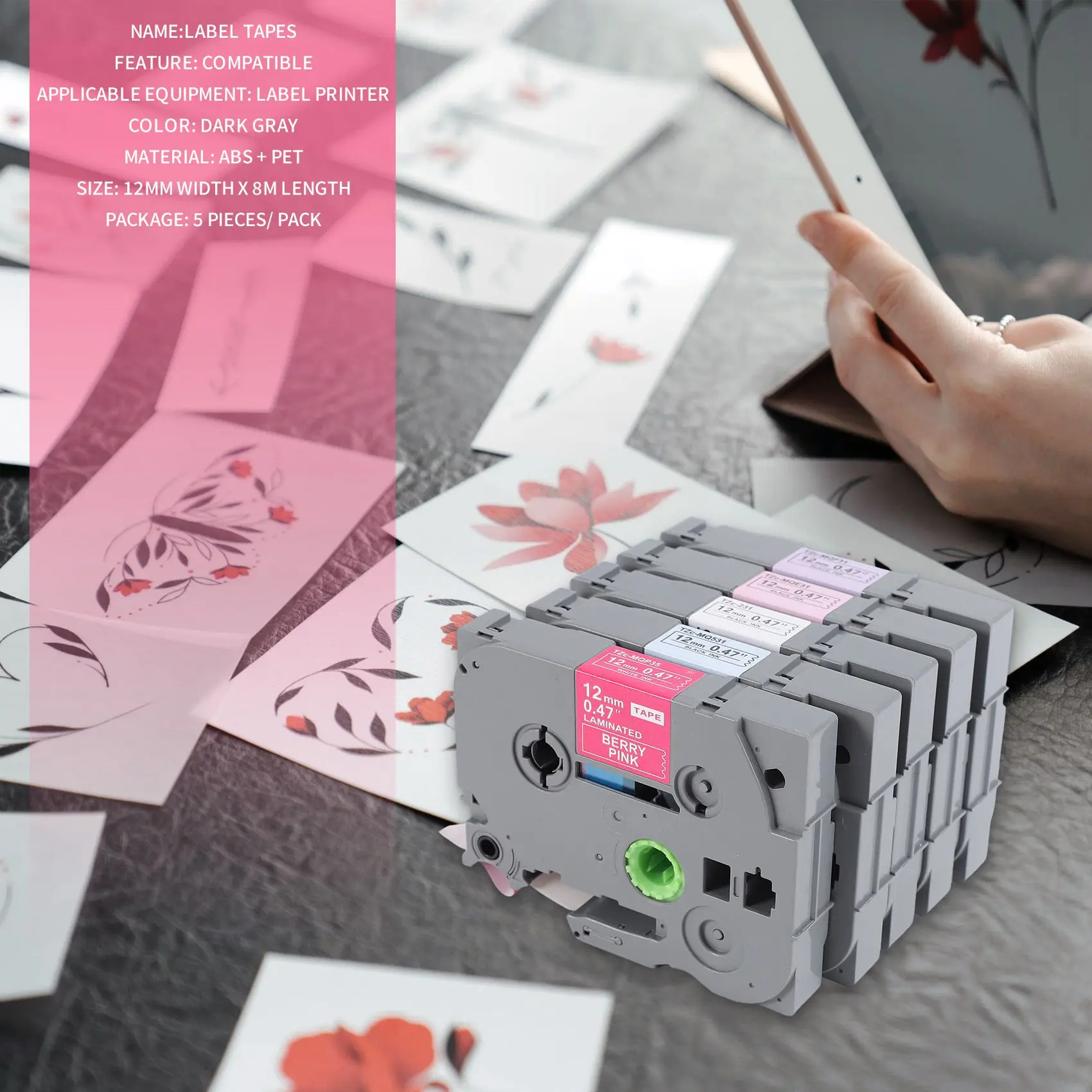 Sensitive Compatible Label Tape Replacement For P-Touch 12Mm 1/2 Inch Laminated (Berry Pink/Pink/Purple/Blue/White) For Brother