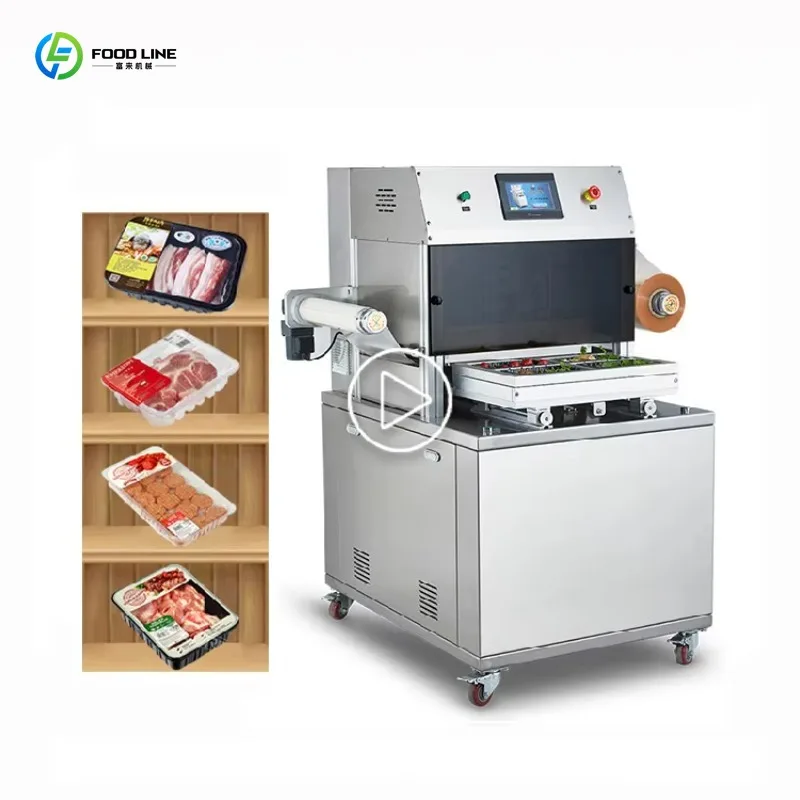 Customized Electric Automatic Bag Tray Stretch Film Vacuum Packaging System 180 Boxes Hour for Fresh Food Packaging