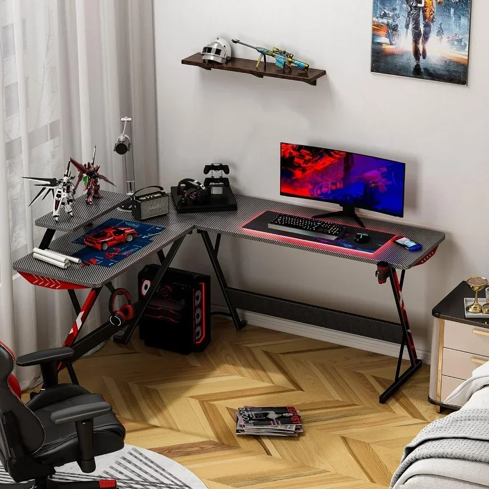 Gaming Computer Desk L Shape, with Carbon Fiber Surface, Gamer Desk Gaming Table with Monitor Shelf, Cup Holder & Headphone Hook