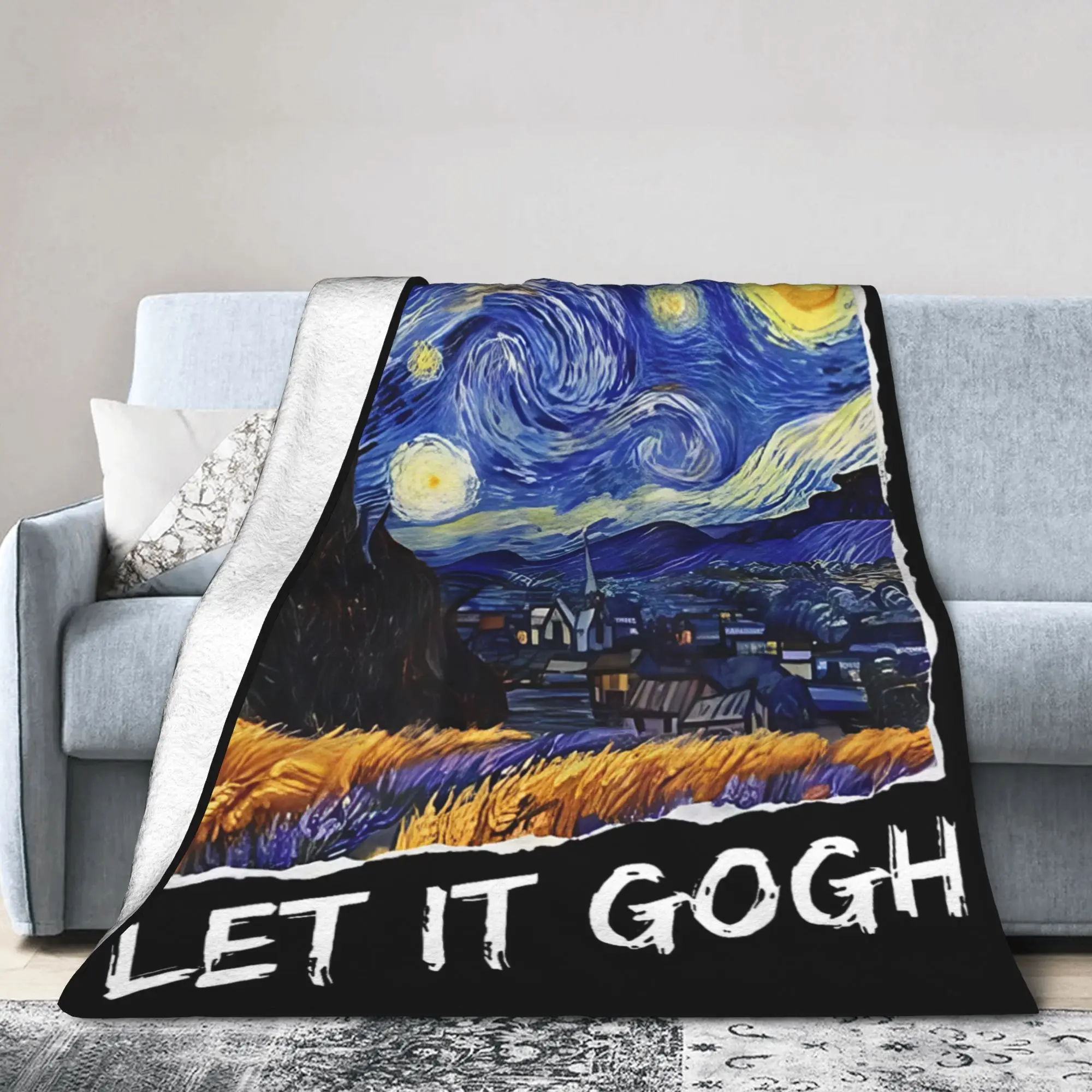 Let it Gogh Funny Vincent Van Gogh Starry Night Blanket Cover Painting Flannel Throw Blankets Bed Rug Piece Soft Multi-function